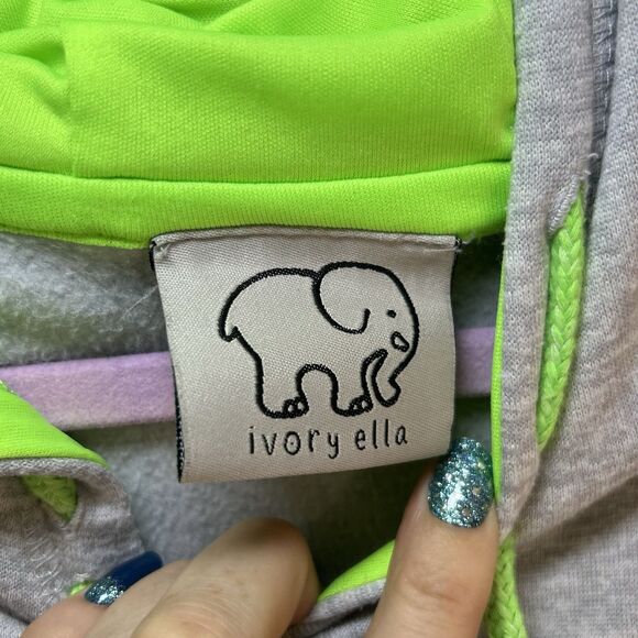 Ivory Ella womens Large pull over hooded sweatsirt gray Green Hoodie Elephant - Picture 2 of 7